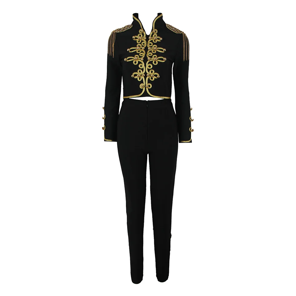 New Autumn And Winter Ladies Club Bandage Suit Black White Fringed Shirt And Pants 2 Pieces Two-Piece Club Party Suit