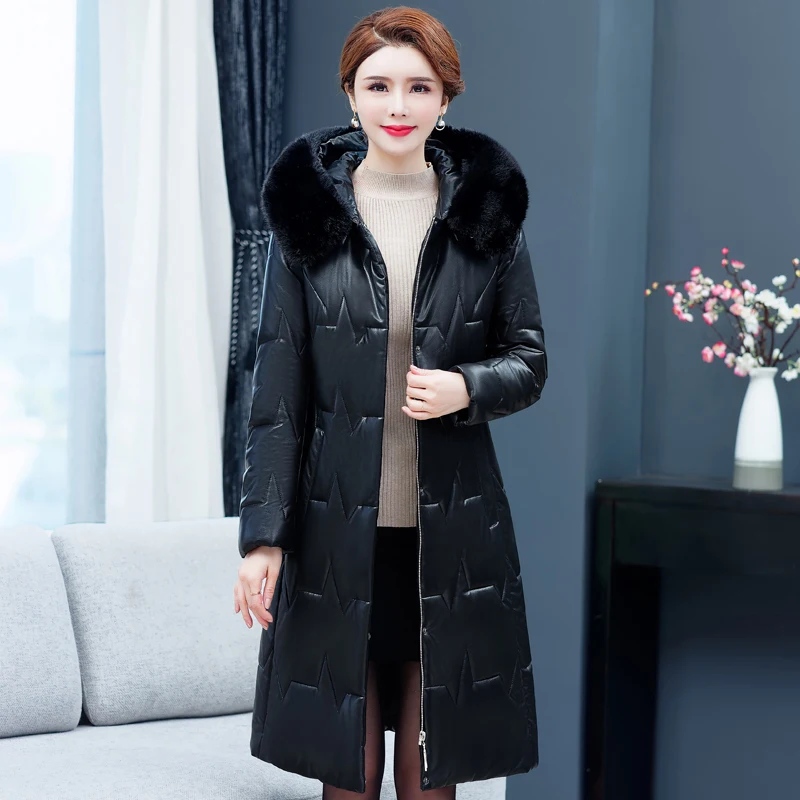 

New Fur Collar Winter Leather Coats Woman Warm Slim Long Parkas for Mother Hooded Thick Warm Female Jackets Overcoat