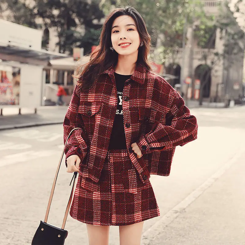 

2021 Tweed Women Two-piece Set Red Vintage Office lady Single Breasted Plaid Blazer Female Slim High Waist Skirt Suit Women Set