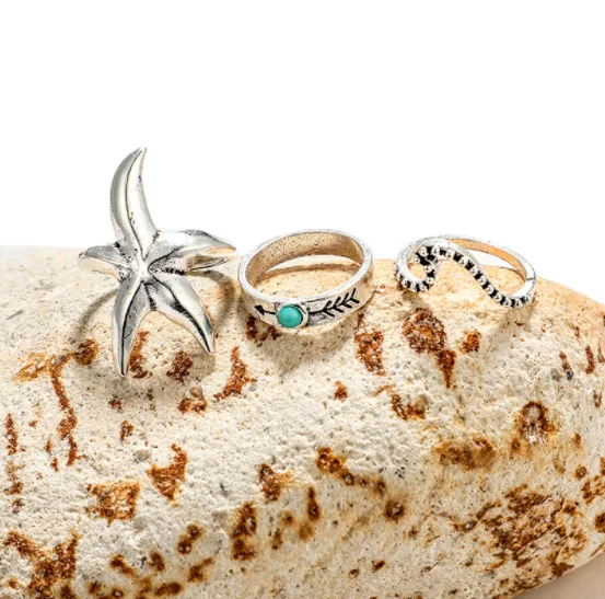 3pcs/Set Vintage Antique Silver Starfish Wave Arrow Knuckle Finger Midi Rings Set for Women Bohemia Ring Jewelry | Украшения и