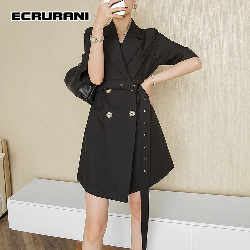 

ECRURANI Patchwork Casual Women's Blazer Lapel Long Sleeve High Waist Slimming Solid Fashion Korean Coats For Females 2021 Style