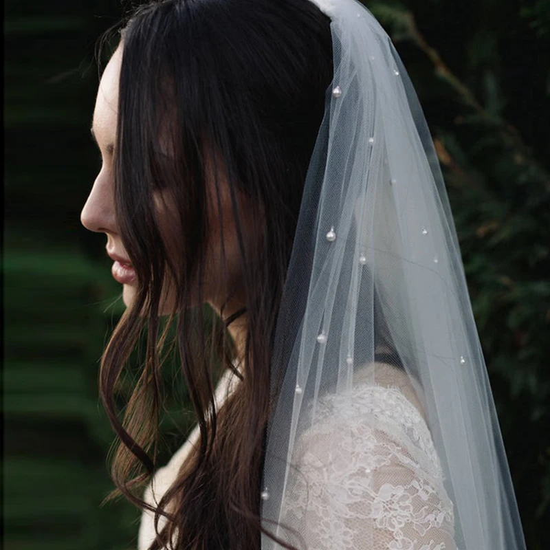 Новая модная Однослойная жемчужная свадебная вуаль простая Длинная с гребнем