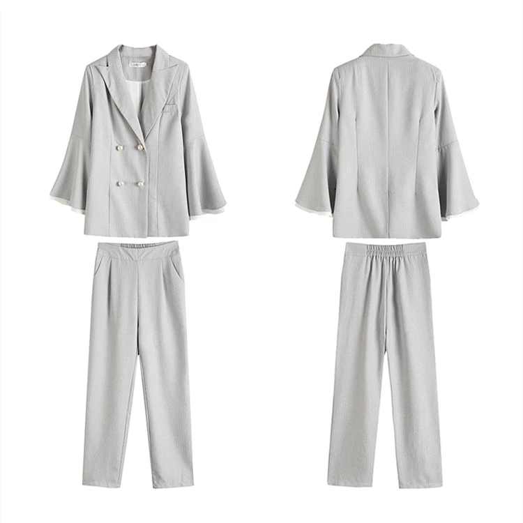 

BornSra 2020 Spring Woman Sets 2 Piece New Pagoda Sleeve Striped Matching Pants Casual High Elastic Waist Vintage Suit femme