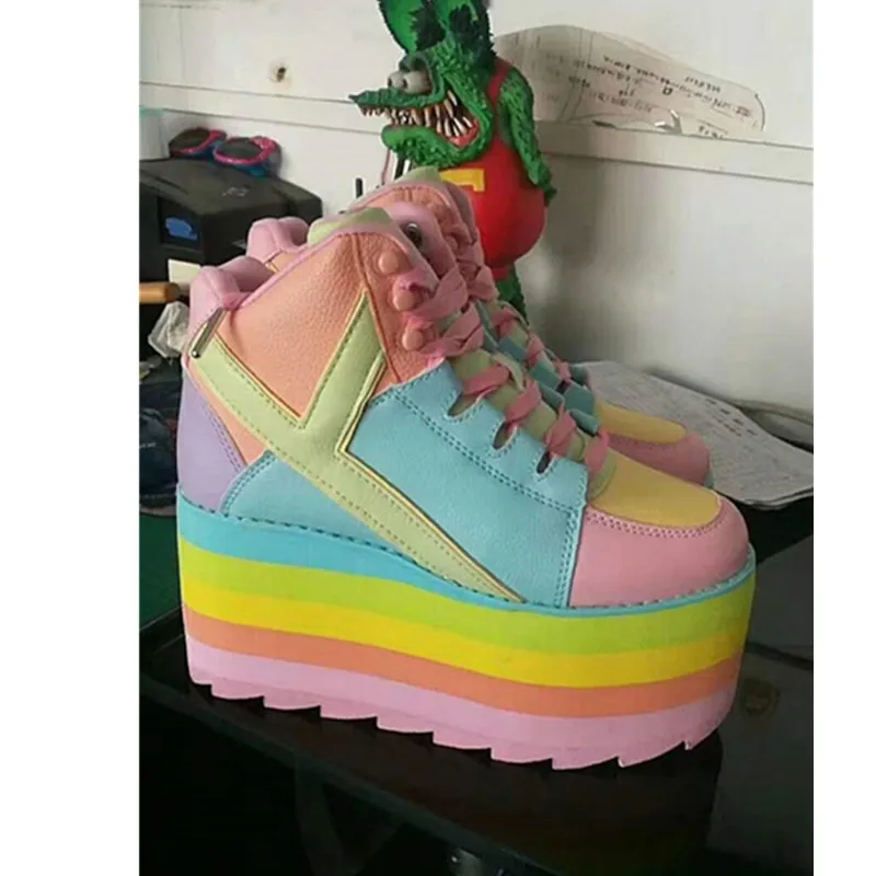 

Prova Perfetto Autumn New Style Women shoes Sponge Cake Bottom Round Head Increased Shoes Colours Lace-Up High-Top shoes Women