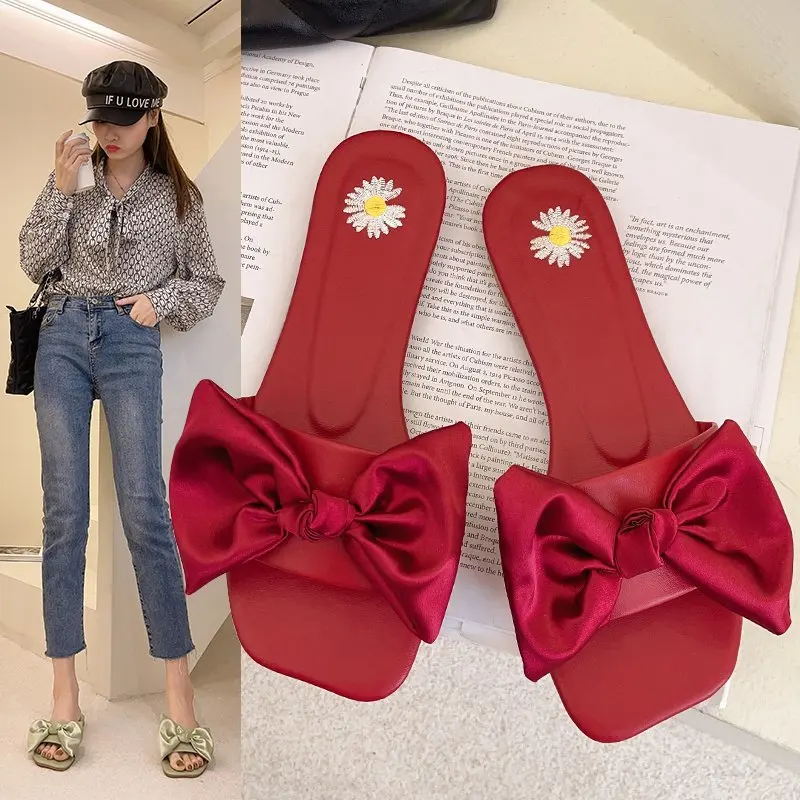 

Shoes Woman 2021 Low Slippers Flat Butterfly-Knot Luxury Slides Pantofle Designer Summer New Fabric PU Basic Butterfly-knot Rubb