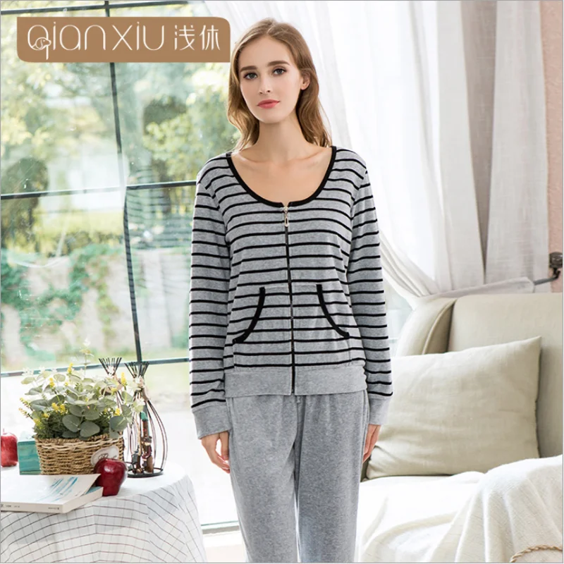 Осень-зима женские повседневные полосатые пижамные комплекты Женское пальто с