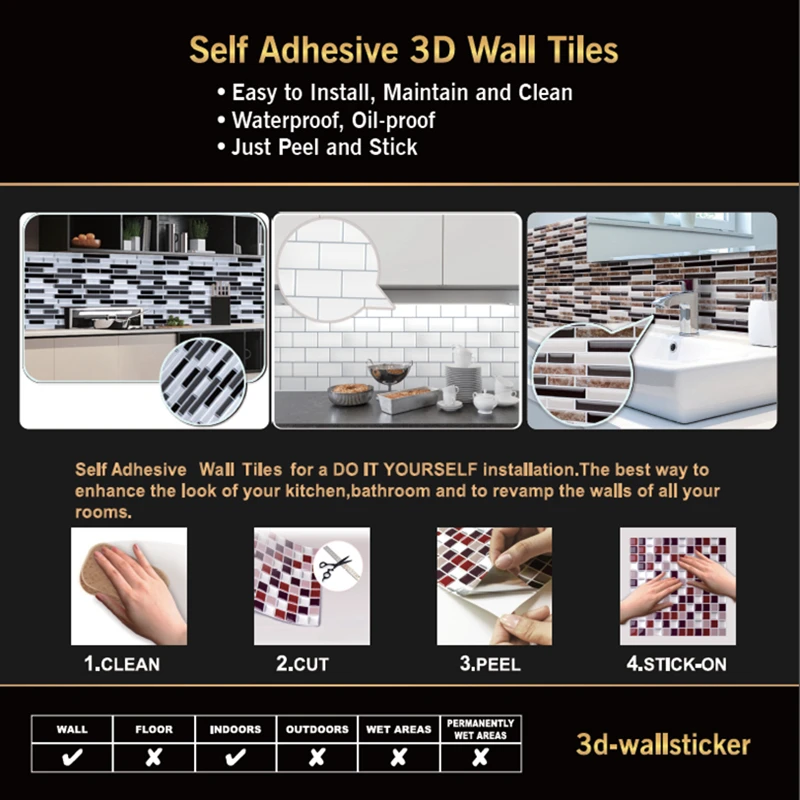 Vivid tiles 6 листов синий самоклеящийся Гладкий Декор поверхности виниловые обои 3D