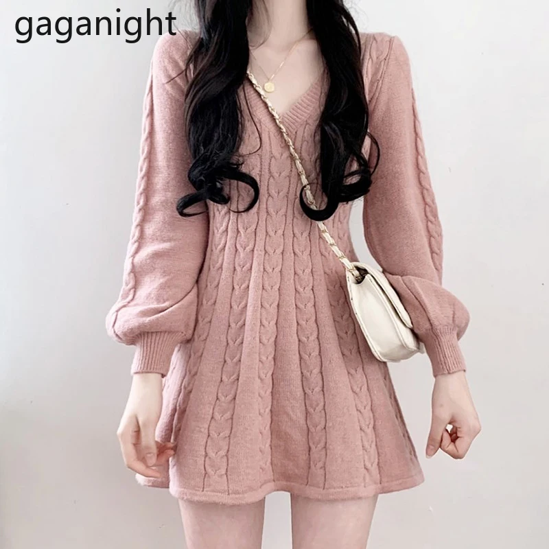 

Gaganight Women Knit Dress 2021 Autumn Winter New Korean Chic Elegant Thin V-neck Linen Pattern Waist Slim Lantern Sleeve Dress