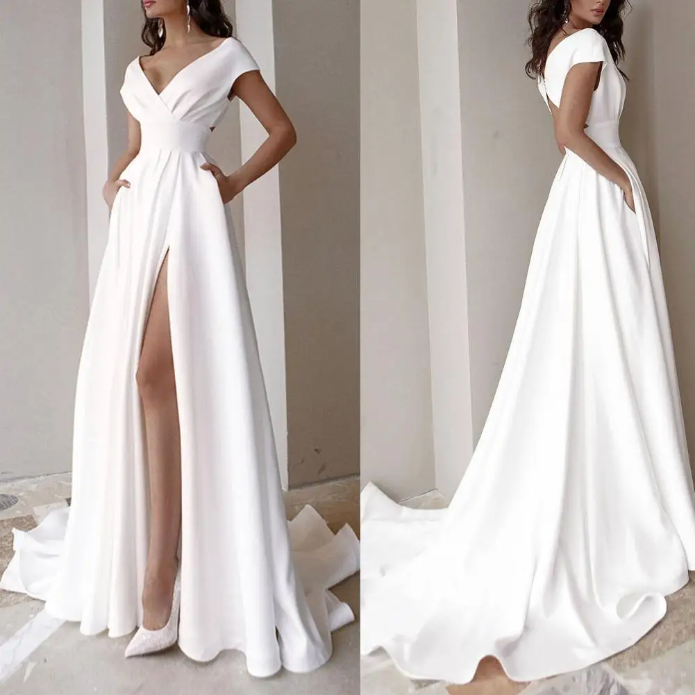 Популярное вечернее платье, однотонное женское белое платье с Боковым Разрезом Вечерние вечернее платье, официальное платье
