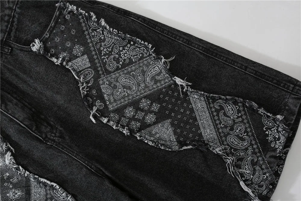 

Cashew patchwork jeans Summer Hip Hop denim jeans for men blue baggy jeans mens street wear Loose shorts U2210