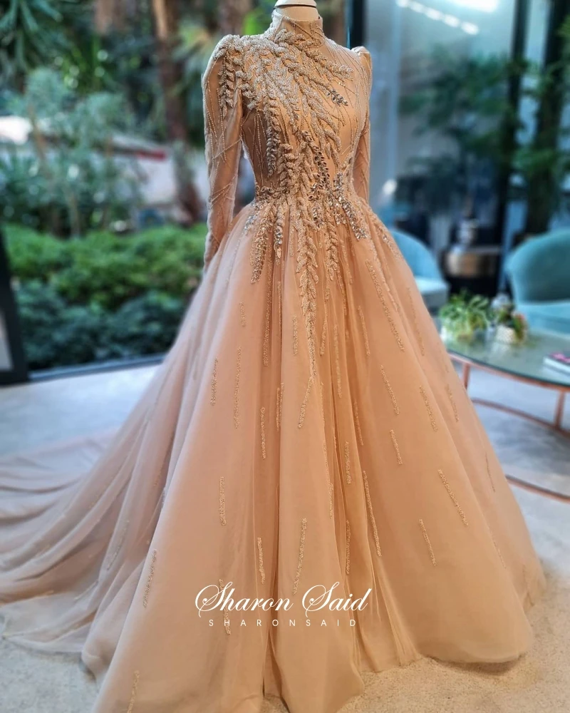 Роскошное мусульманское вечернее платье Шампань Дубай с длинным рукавом и