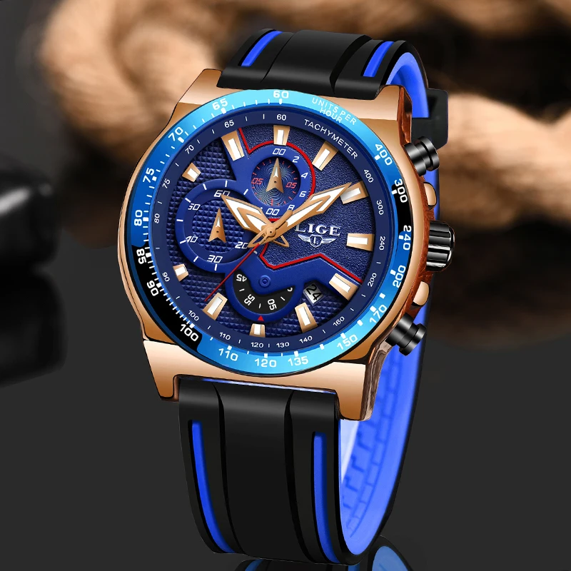 Модные часы мужские LIGE уникальный дизайн спортивные с силиконовым ремешком