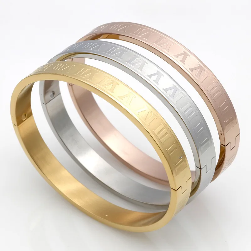 

Lovers' Stainless Steel Gold Plating Couples Bracelet Carving Roman Numerals Lover Cuff Bangle Bracelet Wedding Jewelry