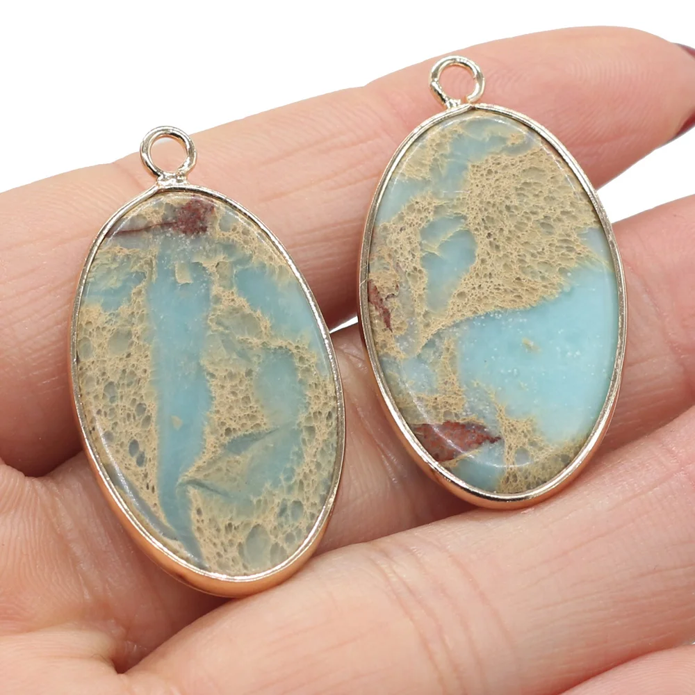 

Elegant Blue Ocean Mine Charm Natural Stone Pendant Oval Shape Charms for Jewelry Making DIY Necklace Accessories Exquisite Gift