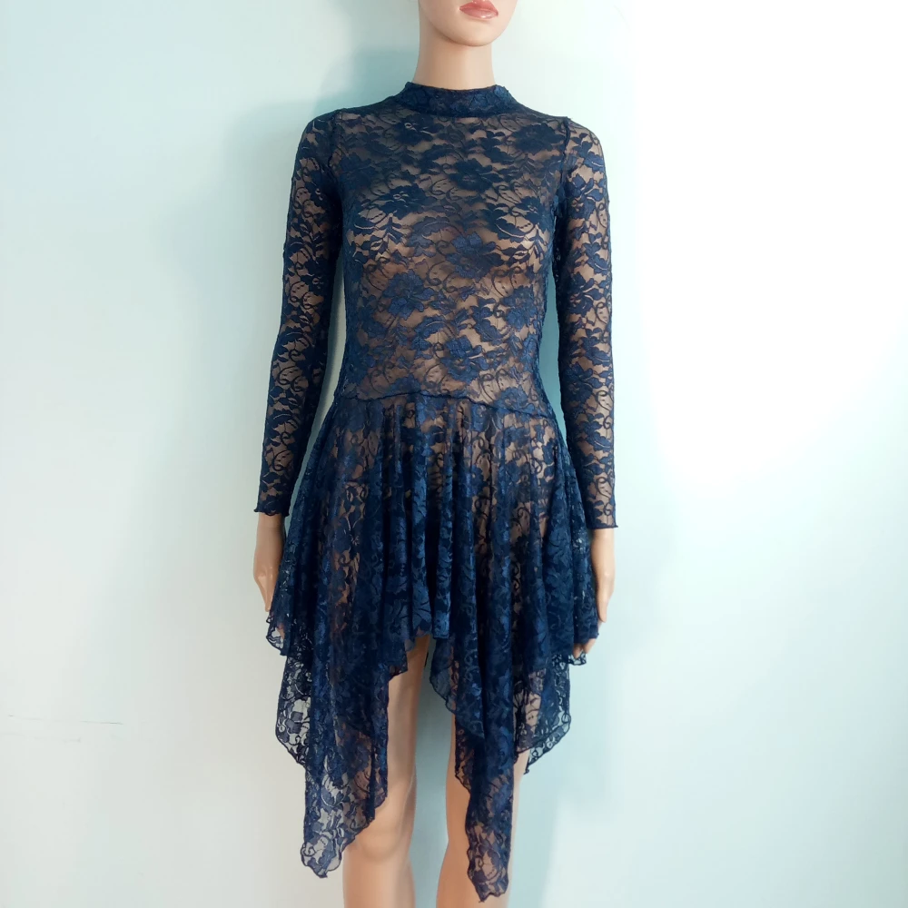 Navy Blue Дамы Девушки Кружева Лирический танцевальный костюм 15 цветов сценические костюмы для выступления танцевальная одежда(только кружевное платье - Цвет: Navy Blue