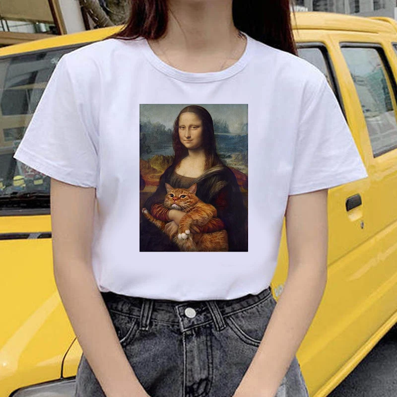 

2021 Summer Women T-shirt Oil paintings of cat Printed Tshirts Casual Tops Tee Harajuku 90s Vintage White tshirt Female Clothing