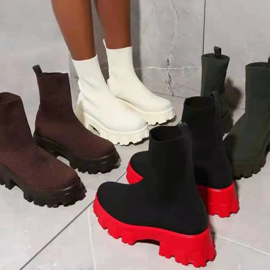 

Women Boots Slip On Western Ankle Boots Platform Knitted Ladies Autumn Socks Boots for Women Fashion Female Booties2021