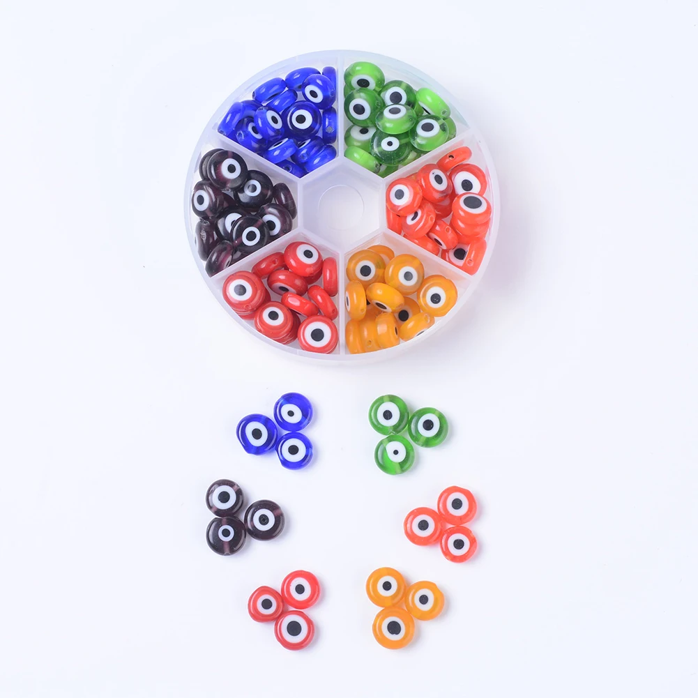 

1Box 6/8/12 Colors Handmade Evil Eye Lampwork Beads Flat Round Mixed Color Beads For DIY Jewelry Making, Hole: 1mm