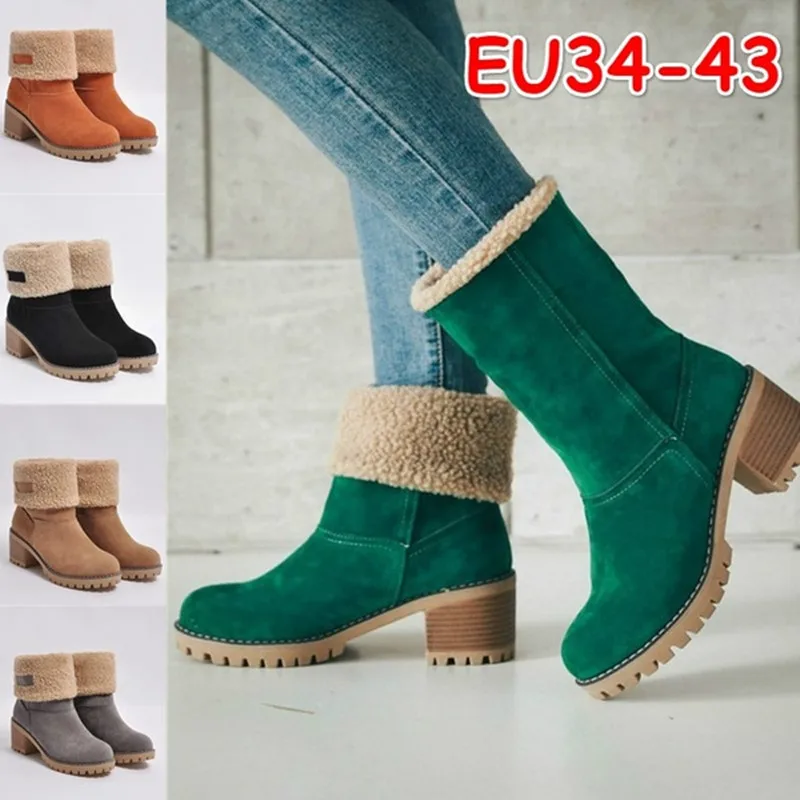 

Explosive Fall/Winter 2021 European and American Medium Tube Thick Heel Fleece Snow Boots Large Size Cotton Shoes AL