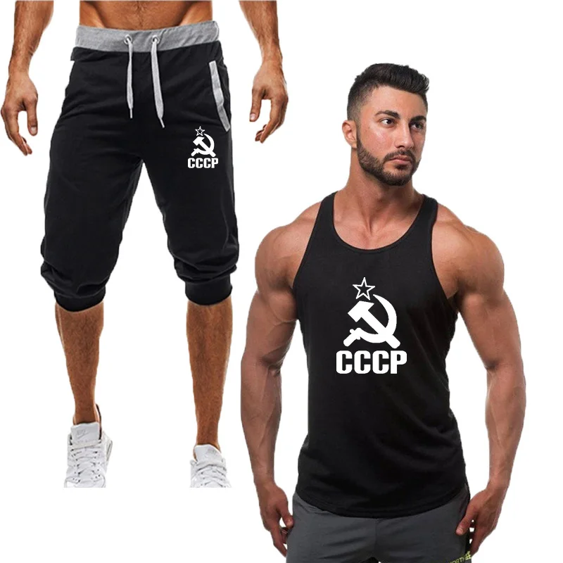 2019 модный новый спортивный костюм для мужчин из двух частей короткие штаны +