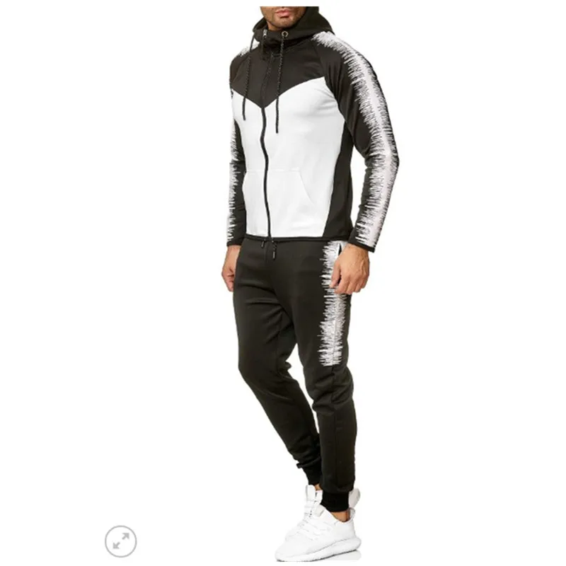Black with white 1 Мужской модный спортивный костюм в полоску с принтом в стиле хип-хоп, мужская толстовка с капюшоном в стиле пэчворк, Мужские штаны для бега, уличный Повседневный Спортивный костюм для мужчин - Цвет: Black with white 1