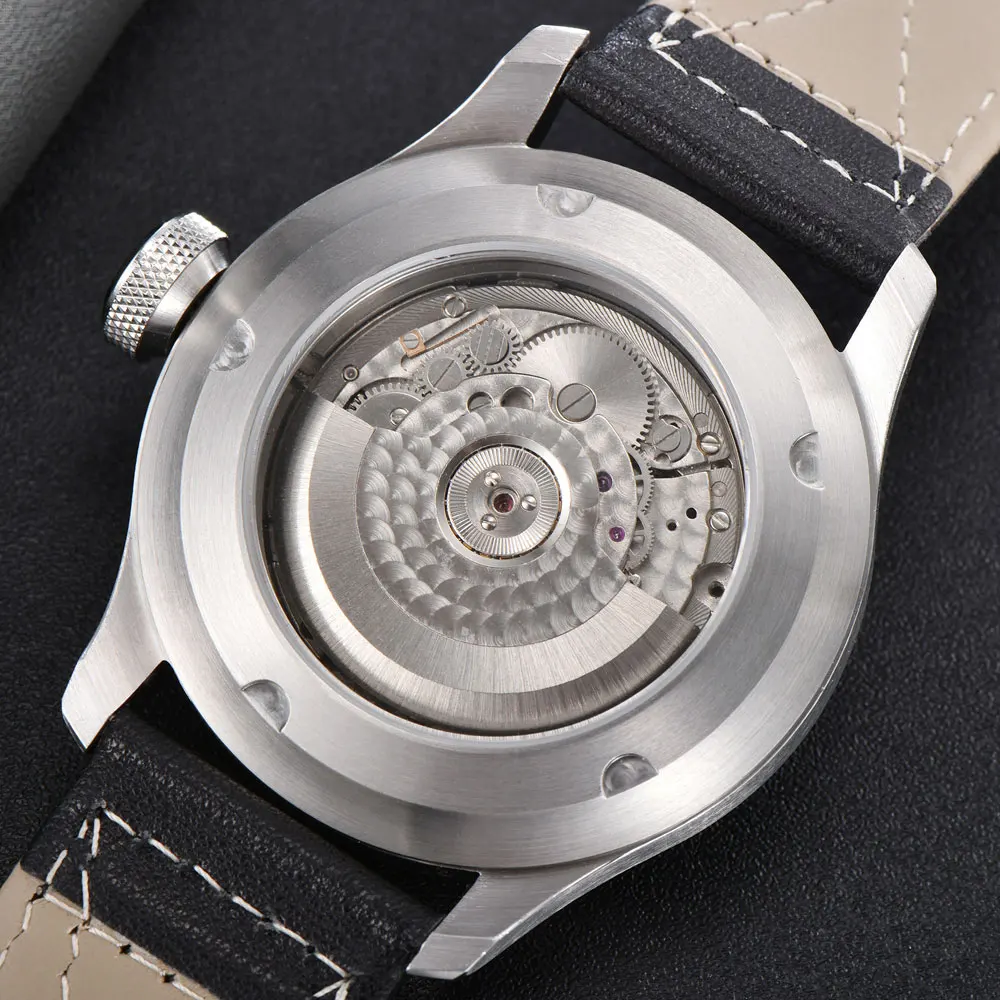 

Parnis 46mm Automatic Mechanical Men's Watch Black Dial Luminous Waterproof Date Function Leather Strap Wristwatch Men