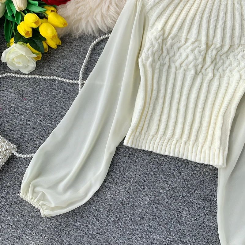 ALPHALMODA осень-зима модный свитер со жгутами фонарь длинный рукав шифон пэчворк повседневные женские пуловеры вязаный джемпер