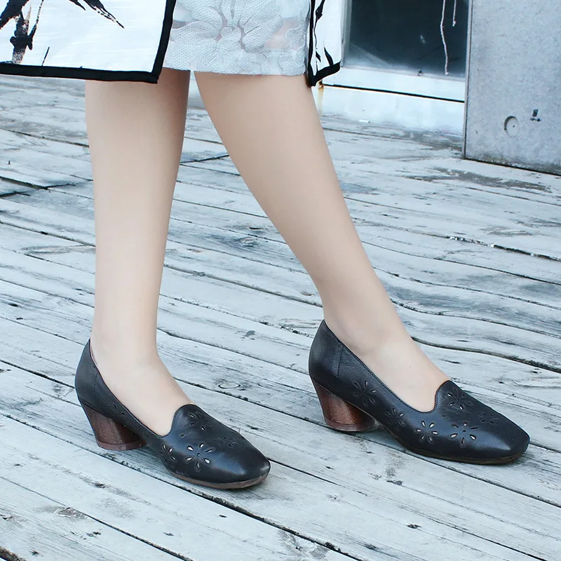 

2020 Spring Summer Classic Women Dress Shoes Pumps Black Hollow Out Leather Women Heels Square Toe