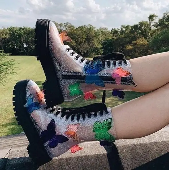 

3D Colorful Butterflies Girls Transparent Lace Up Front Zipper Thick Heel Punk Style Round Toe Short Ankle Boots Botas Lady