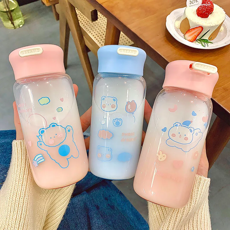 

420ml Kawaii Bear Glass Water Bottle Leakproof Portable Travel Milk Juice Direct Drinking Cup With Rope For Children Adult