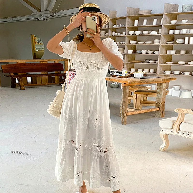 Square Neck Maxi Dress Tea Length Short Sleeve Summer Cotton Dresses Fashion Chic   DZA472