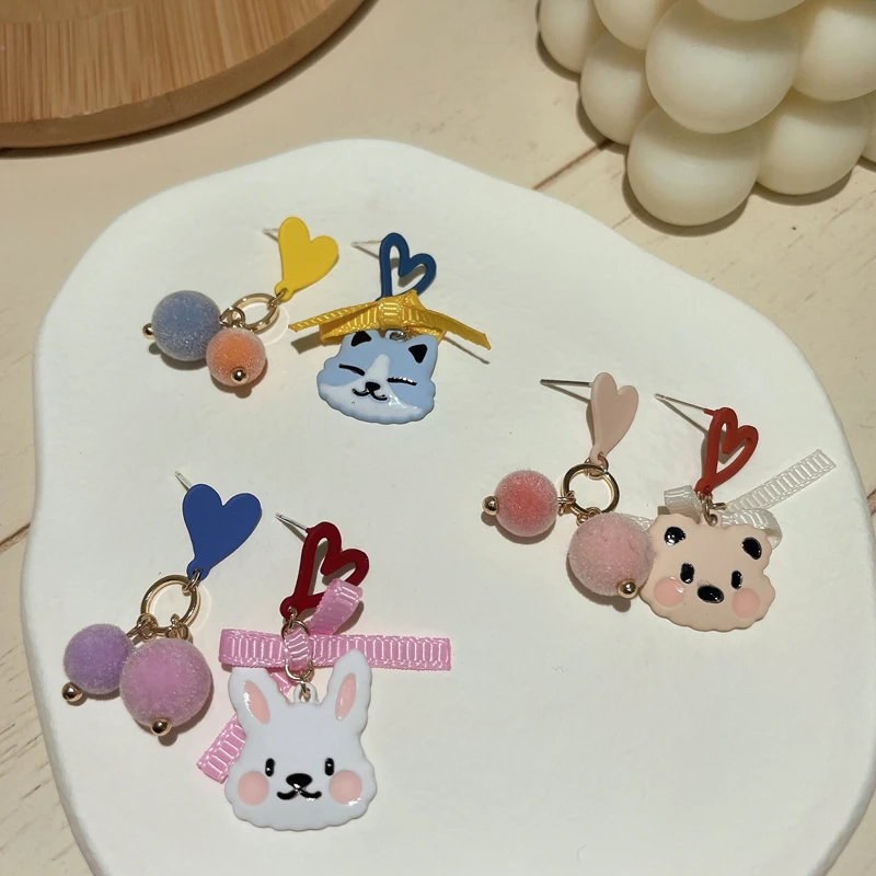 

S925 needle Cute Jewelry Bear Rabbit Cat Earrings Sweet Ribbon Bownot Fluffy Ball Asymmetrical Drop Earrings For Women Gifts