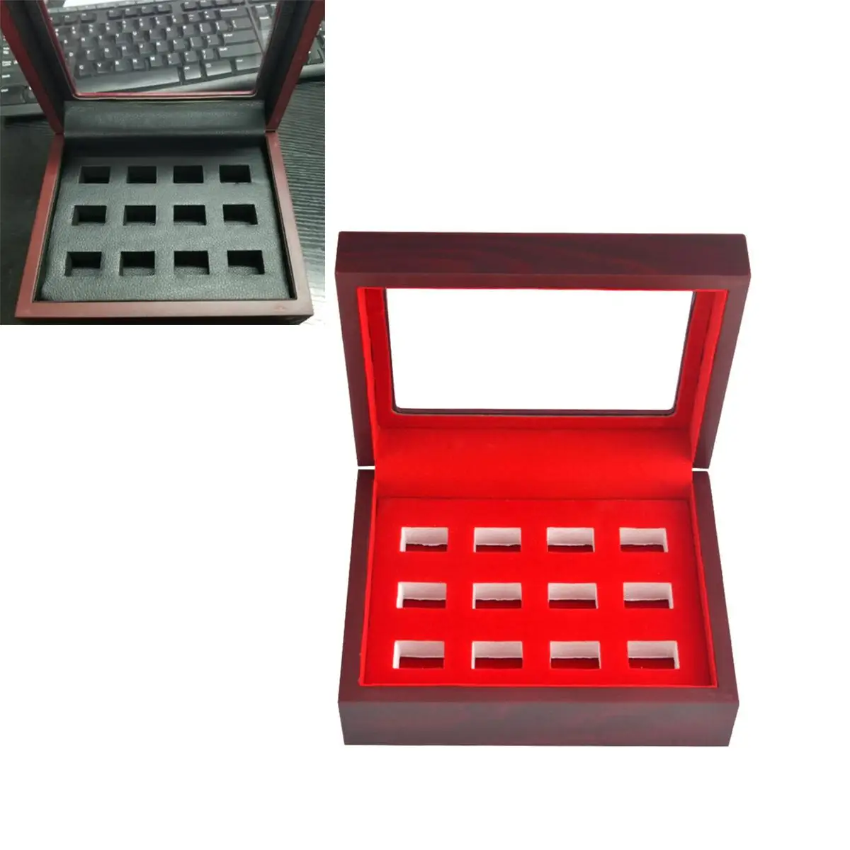 

High quality 12 holes wooden box for exhibition stand for collecting championship rings, jewelry packaging, home decoration