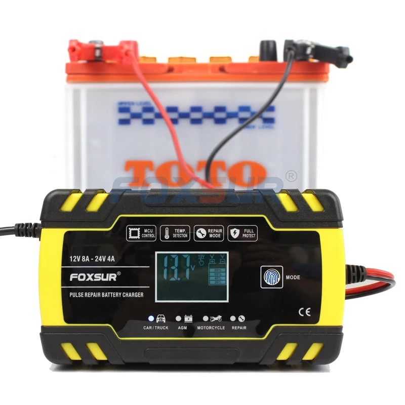 

FOXSUR 12V 24V 8A Pulse Repair Charger with LCD Display, Motorcycle & Car Battery Charger, AGM Deep cycle GEL Lead-Acid