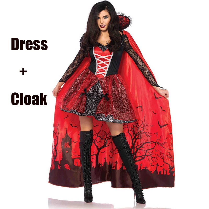 Cloak And Dress Хэллоуин женский костюм плащ ведьмы платье вампир, зомби косплей демона Королева Костюм Маскарад Костюм Хэллоуин наряд VDB1065 - Цвет: Cloak And Dress