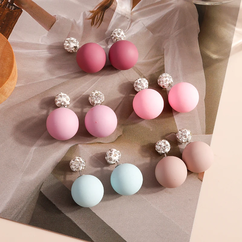 

New Cute Candy Color Trendy Double Balls Studs Earrings Simple Rubber Imitation Pearl Earrings Crystal Studs for Women