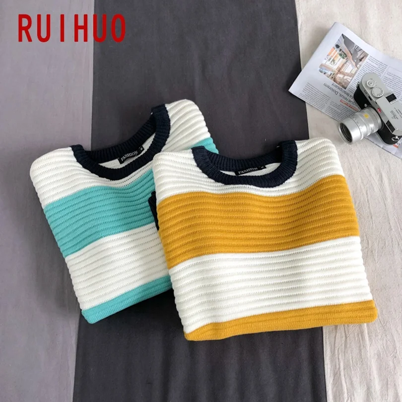 

RUIHUO Striped Vintage Sweaters Men Clothing Knitted Sweaters For Men Coat Men's Pullover M-2XL 2021 Spring