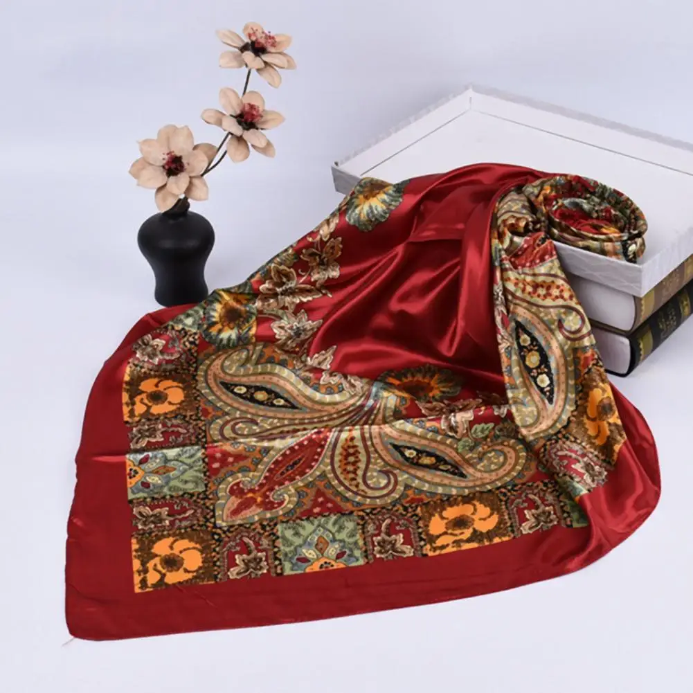 

Big Cashew Flower Print Hair Scarves Hair Scarf Sun Protection Imitation Silk Square Smooth Retro Neckerchief Scarf for Women