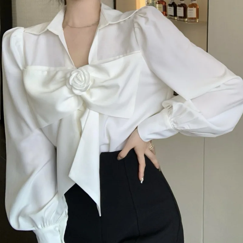 

2021 Oversized Blouse Woman Chic Top Bow Camellia White Shirt Women