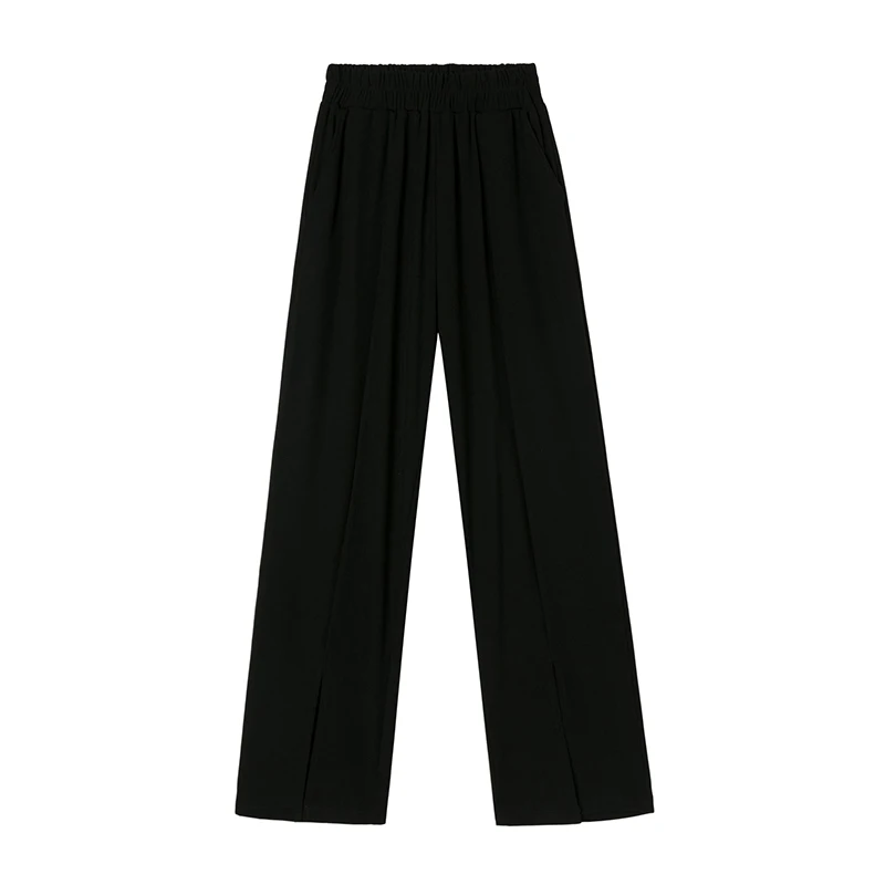 

Summer Ice Silk Wide Leg Pants Women High Street Fashion Slit Loose Trousers Female Elastic Waist Casual Long Pant
