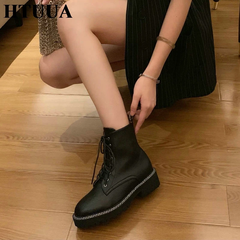 HTUUA/корейские модные ботинки Martens женские повседневные короткие ботильоны на