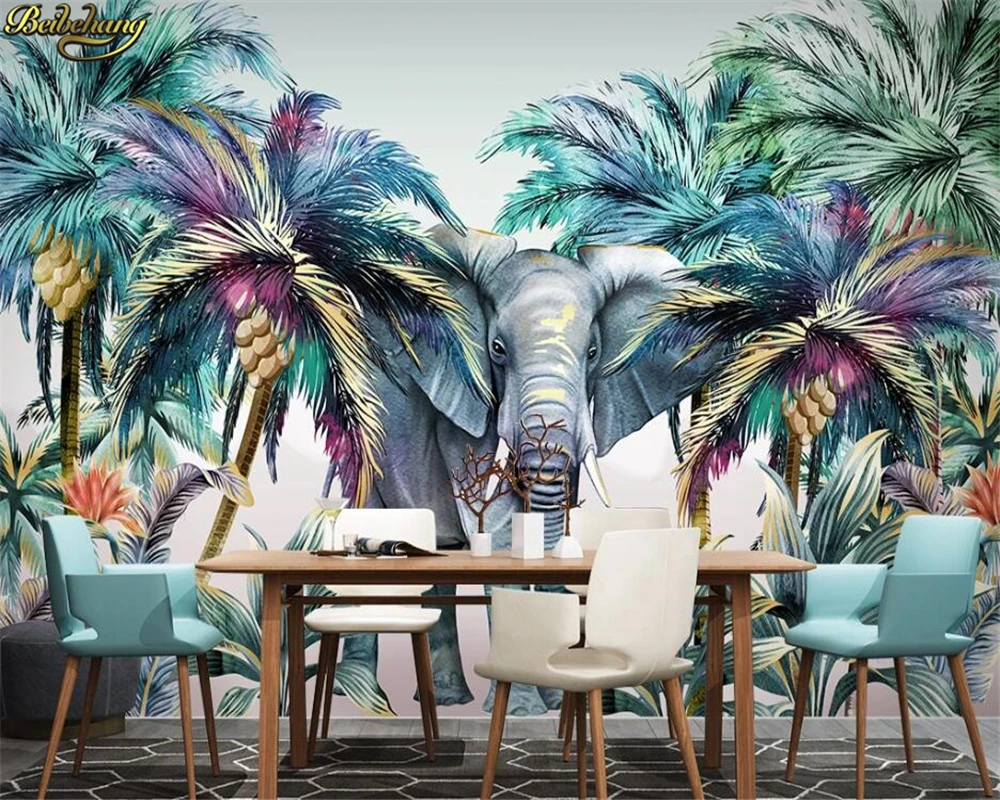 3d обои ручная роспись лес животное Тропическое растение слон кокосовое дерево