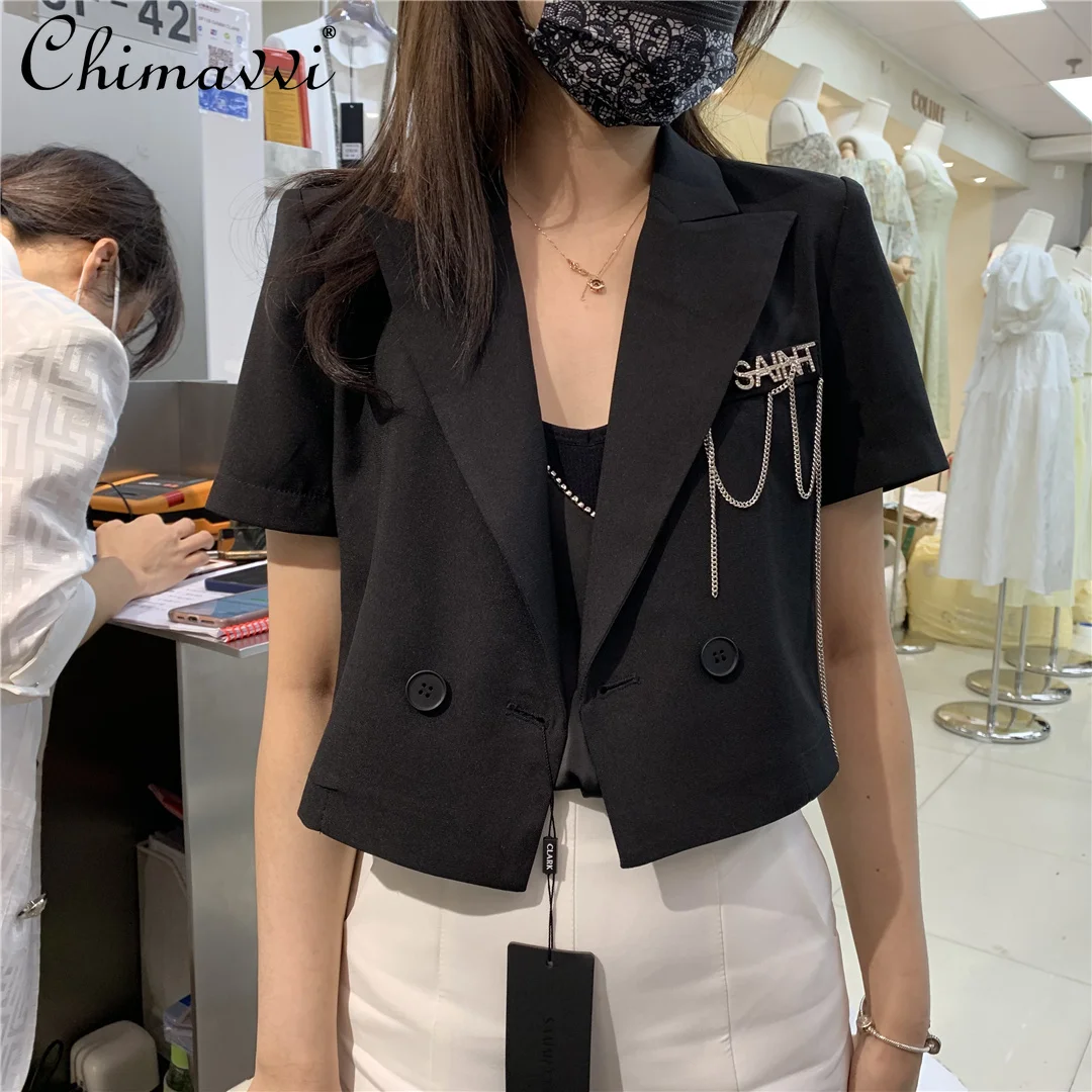 

Elegant Female Slimming Fashion All-matching Chains Solid Color Short Suit Coat Women's Summer New V-neck Short Sleeve Blazer