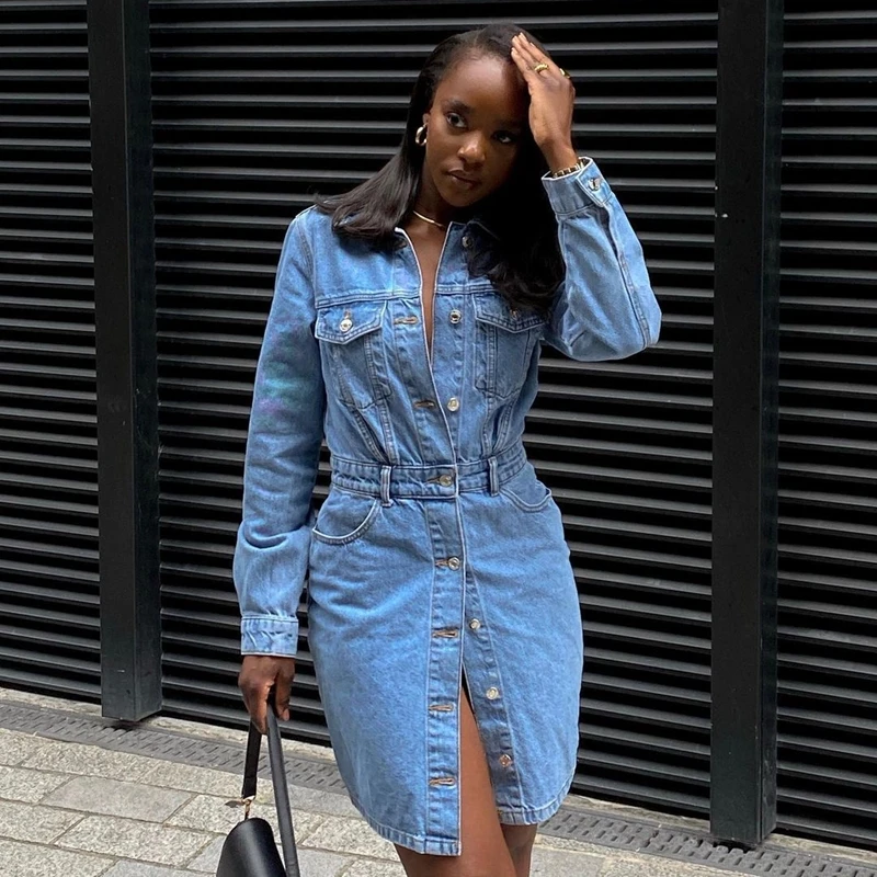 

Midi Jacket Woman Autumn Winter Trends Fashion 2021 Turn Down Collar Denim Outwear Slim Fit Jaqueta Feminina Classic Blue Color