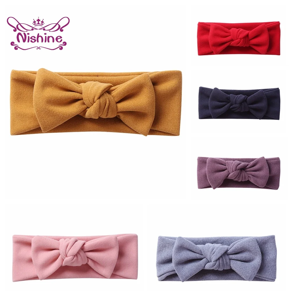 

Nishine Soft Skin-friendly Warm Imitation Cashmere Baby Headband Solid Color Bows Elastic Hairband Hair Accessories Photo Props