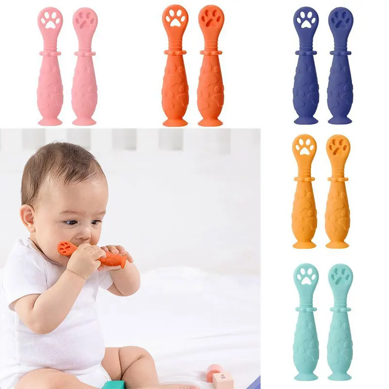 Mordedor de silicona masticable con forma de Pata de Gato para beb&eacute;, 2 uds., utensilio de mesa de entrenamiento de alimentaci&oacute;n de seguridad para beb&eacute; de 4 a 12 meses-2