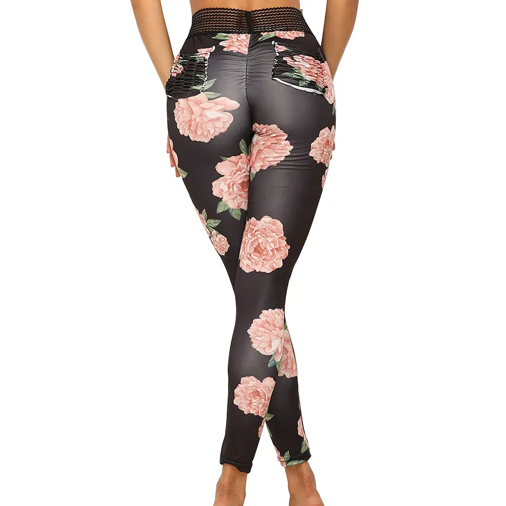 

2020 New Women Flower Pattern Printed Stretchy Fitness Pants Running Long Capris Ladies Back Pockets Casual Bodycon Pants