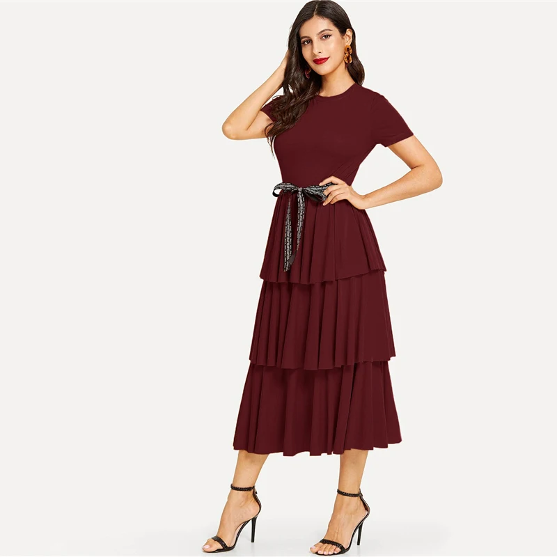 SHEIN Элегантное Длинное Платье с контрастной завязкой на талии, с многослойной оборкой, с высокой талией, женское летнее однотонное офисное платье трапециевидной формы, Платья для вечеринок