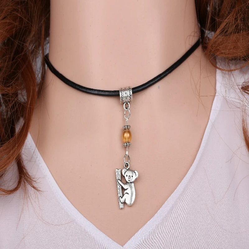 Vintage Silver Bear Necklace Pet Dog Pendant Black Leather Crane Peacock Choker Tooth Necklace For Women Jewelry Gift Bijoux