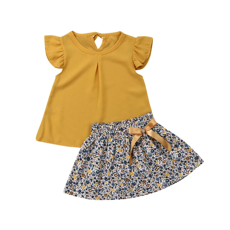 2019 Summer Clothing 1-5Y Toddler Kid Baby Girl Clothes Set Yellow Chiffon Ruffle Tops Floral Print Skirt 2pcs Outfits | Мать и ребенок